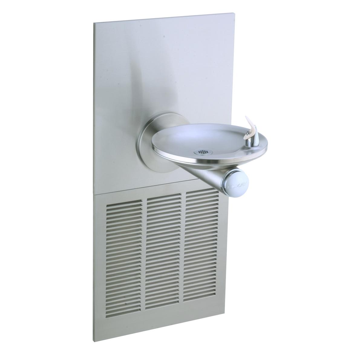 Stainless steel wall-mounted water fountain with round drinking basin, curved spout, and ventilation grille below.