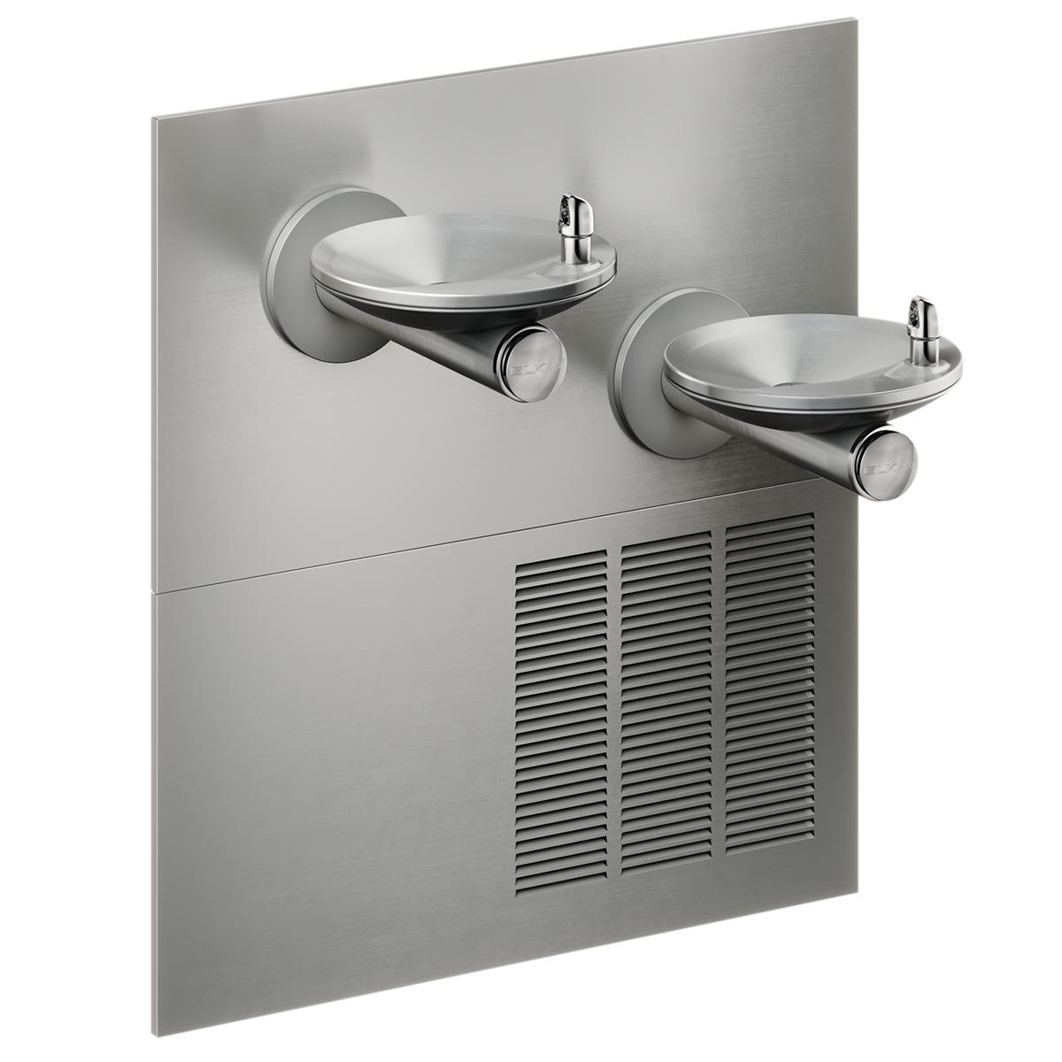 Stainless steel wall-mounted water fountain with two bowls at different heights and refrigeration unit below.