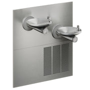 Stainless steel wall-mounted water fountain with two bowls at different heights and refrigeration unit below.