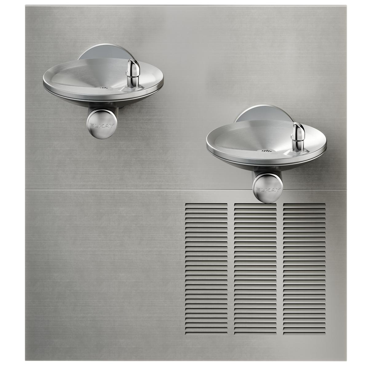 Stainless steel bi-level water fountain with two round basins, chrome faucets, and refrigeration unit with ventilation grille