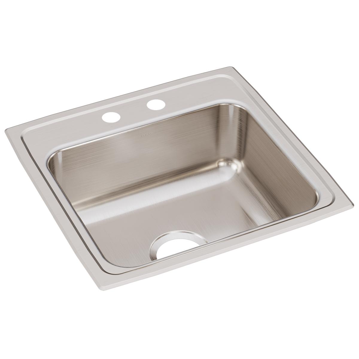 Stainless steel single bowl drop-in sink with two faucet holes and drain opening on brushed surface.