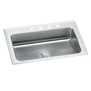 Stainless steel drop-in sink with single basin, drain opening, and four faucet holes along white rim.