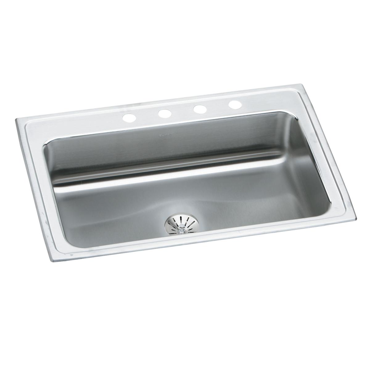 Stainless steel drop-in sink with single basin, drain opening, and four faucet holes along white rim.