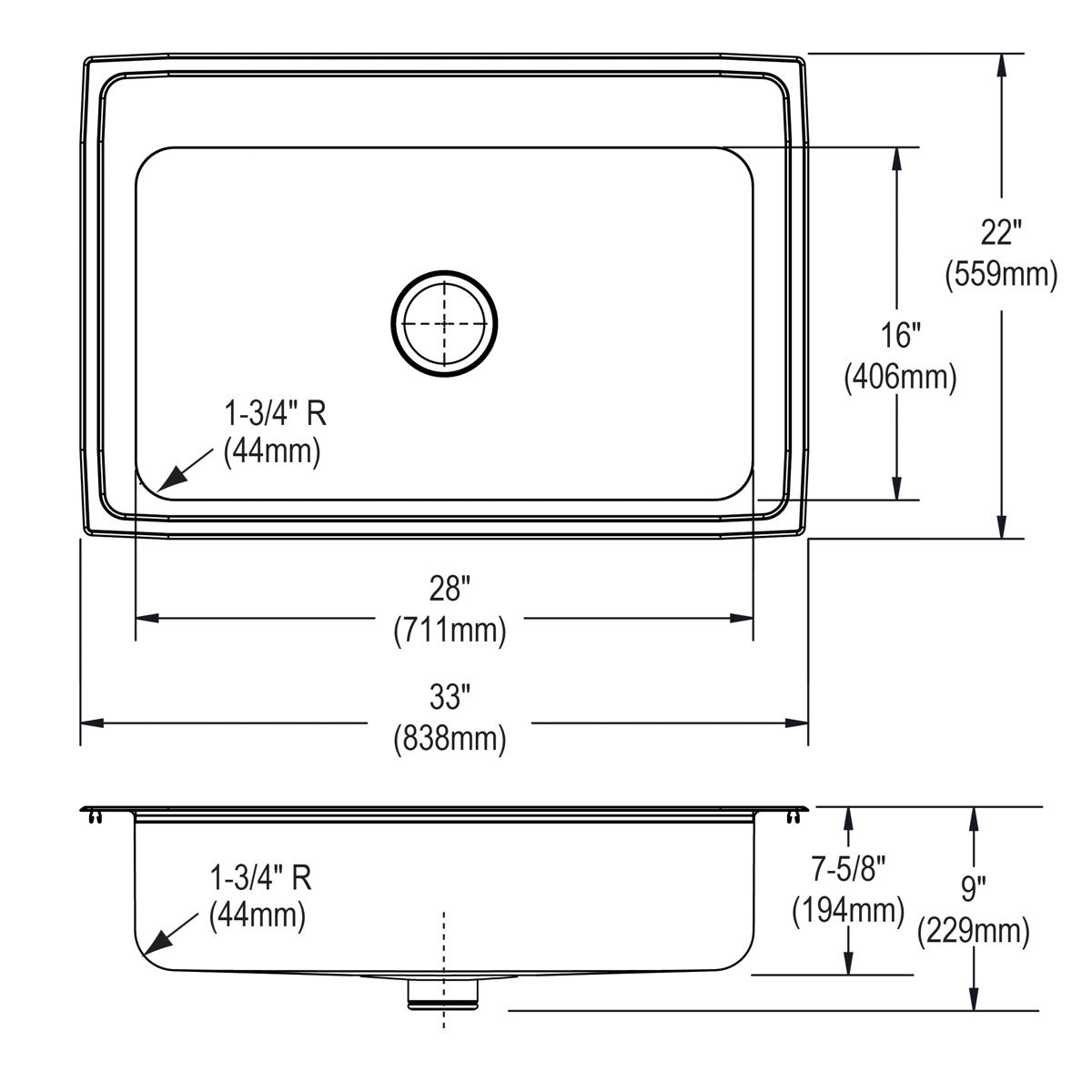 Technical drawing of stainless steel single bowl drop-in sink with dimensions and drain placement marked.