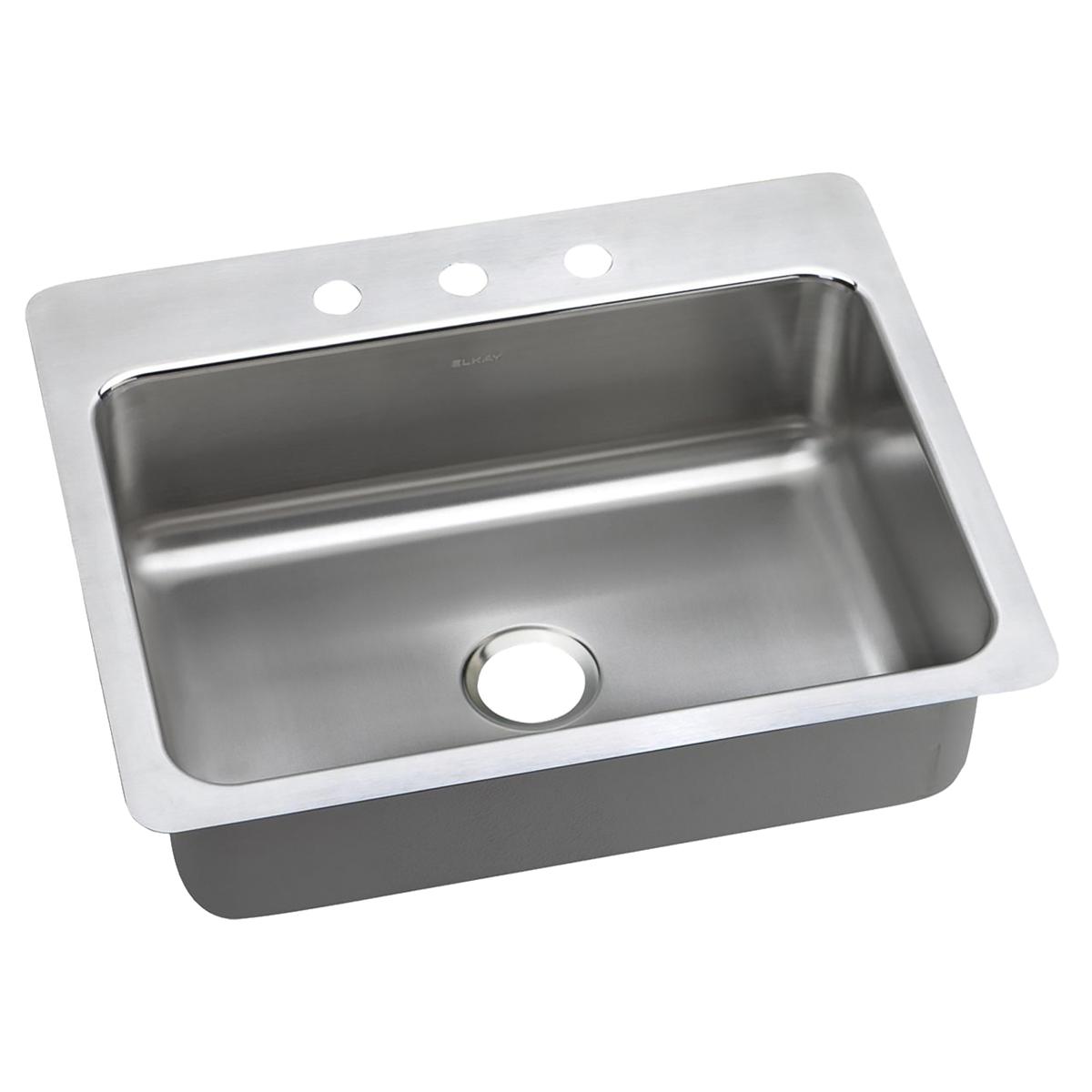 Stainless steel single bowl sink with white rim and three holes drilled across the top for faucet mounting.