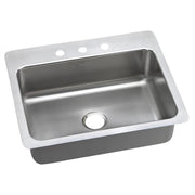 Stainless steel single bowl sink with white rim and three holes drilled across the top for faucet mounting.
