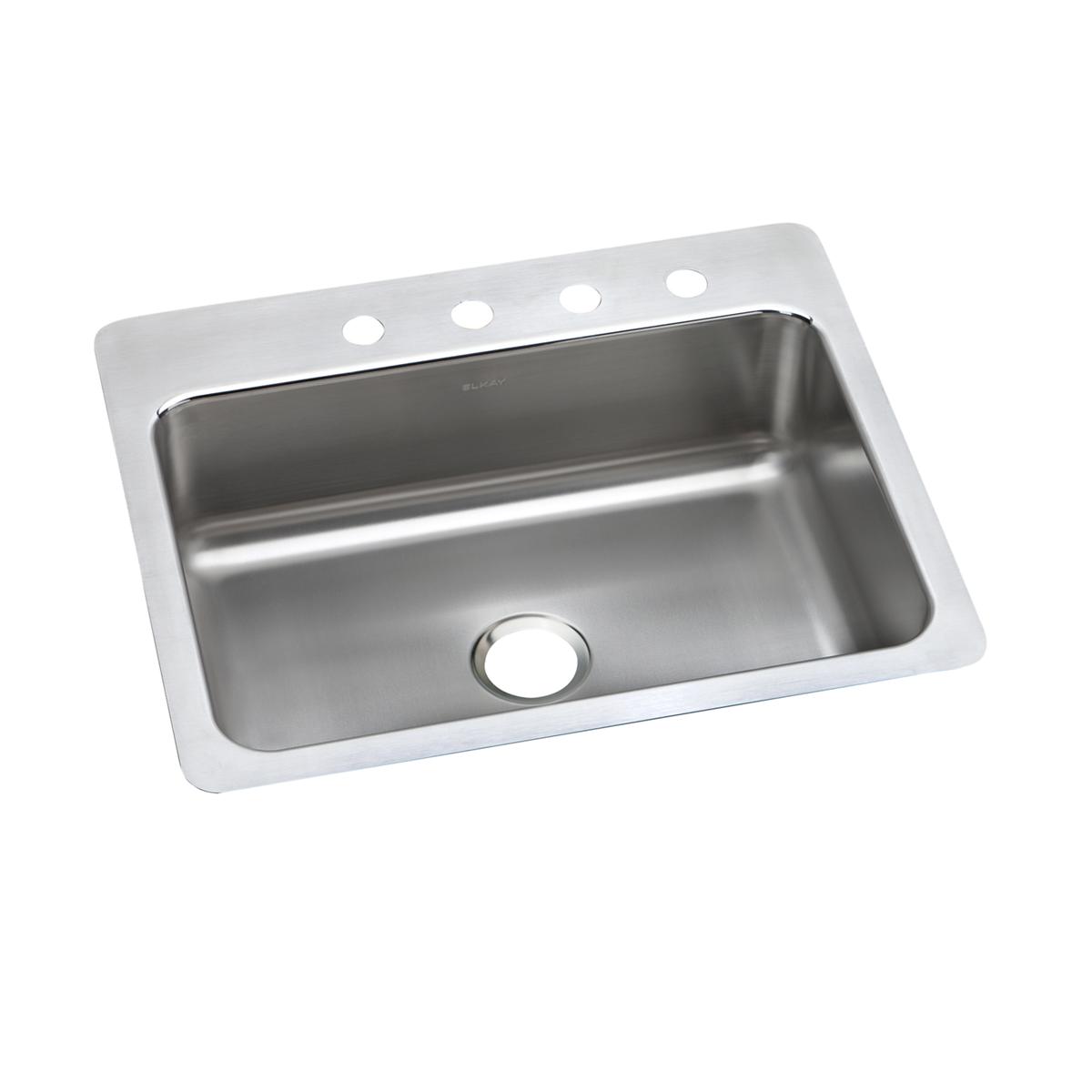 Stainless steel single bowl sink with white rim and four faucet holes along the top edge.