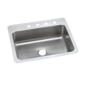 Stainless steel single bowl drop-in sink with four pre-drilled holes on the rim and center drain opening.