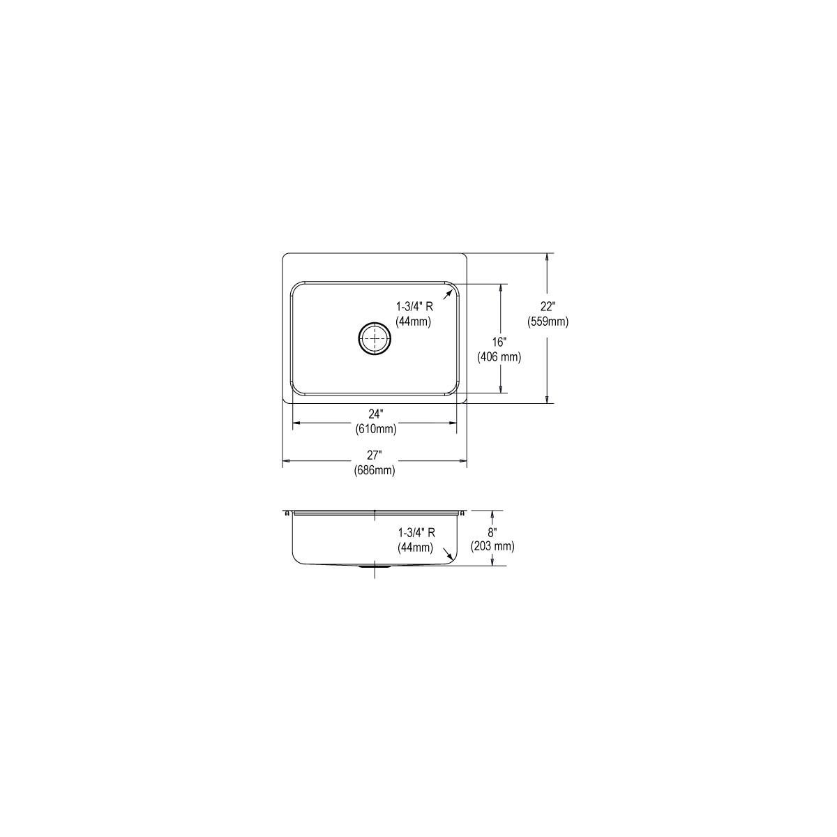 Stainless steel single bowl sink with top and side views showing dimensions, hole placement, and 8-inch depth.