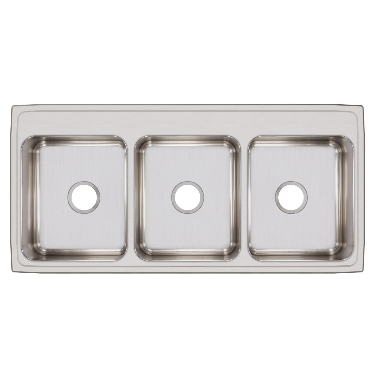 Stainless steel drop-in sink with three equal rectangular bowls and drain holes.