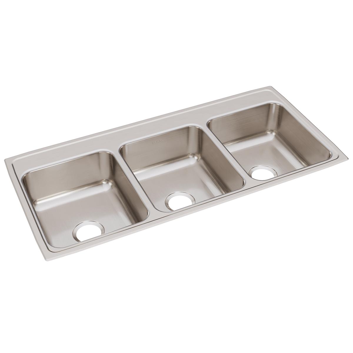 Stainless steel triple bowl drop-in sink with three rectangular basins and drain holes.