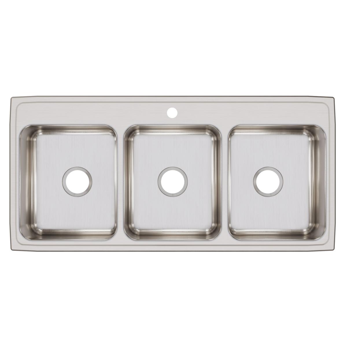 Stainless steel drop-in sink with three equal rectangular bowls and single faucet hole.