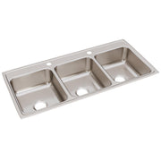 Stainless steel drop-in sink with three rectangular bowls and two faucet holes.