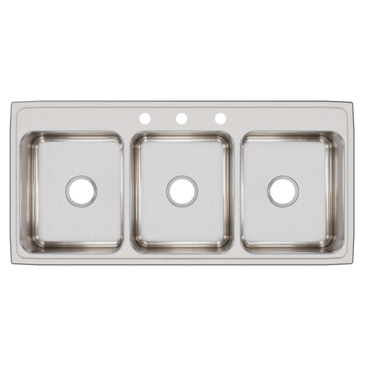 Stainless steel drop-in sink with three equal rectangular bowls and three pre-drilled holes for faucet mounting.