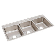 Stainless steel drop-in sink with three rectangular bowls and three faucet holes along the rim.