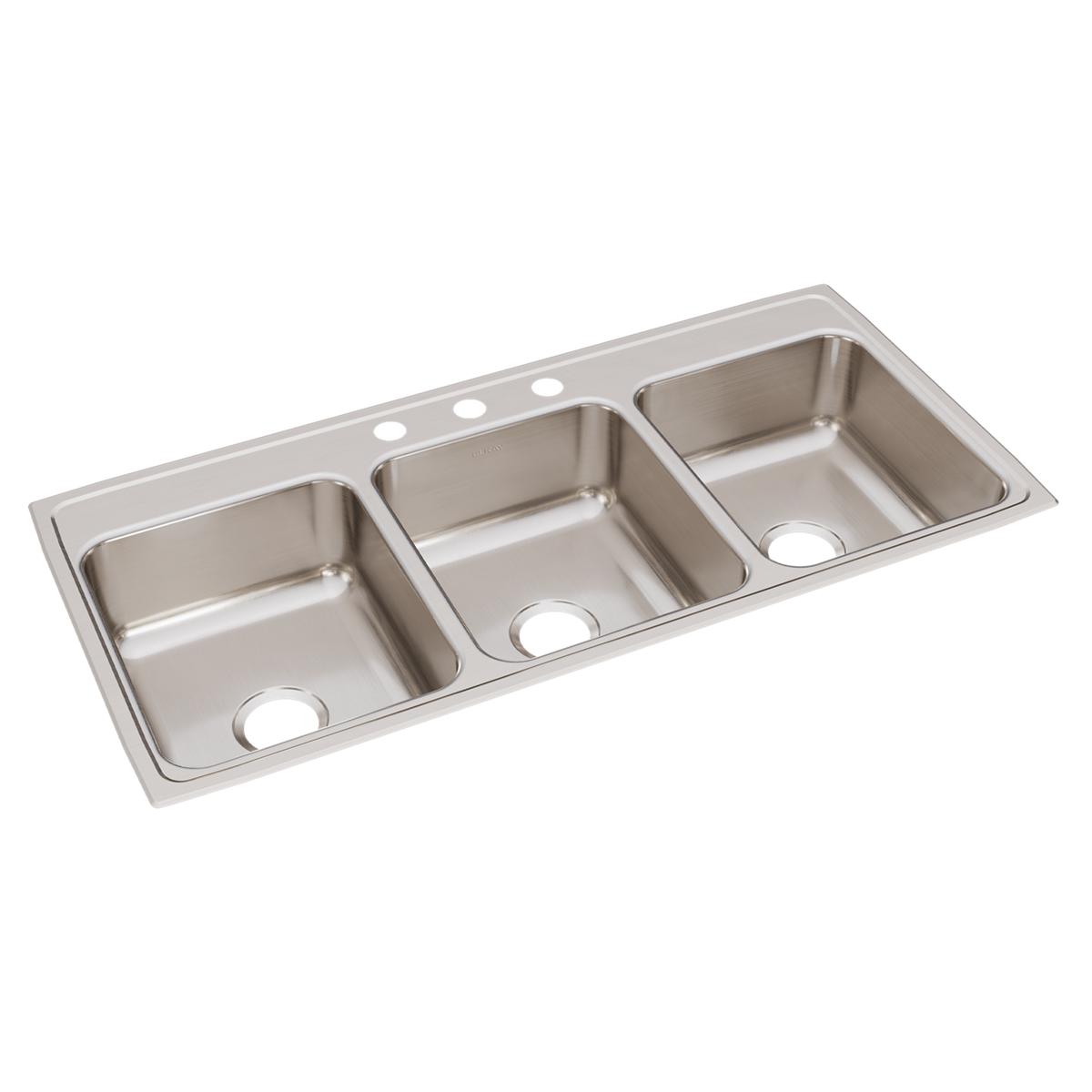 Stainless steel drop-in sink with three rectangular bowls and three faucet holes along the rim.
