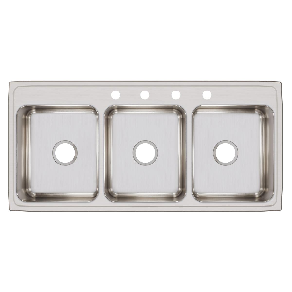 Stainless steel drop-in sink with three equal bowls and four pre-drilled holes across the rim.