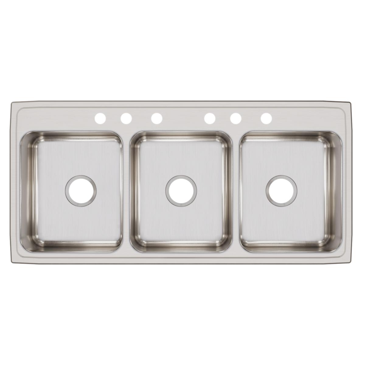 Stainless steel drop-in sink with three equal bowls and six mounting holes across top rim.