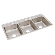 Stainless steel drop-in sink with three rectangular bowls and six holes along the rim.