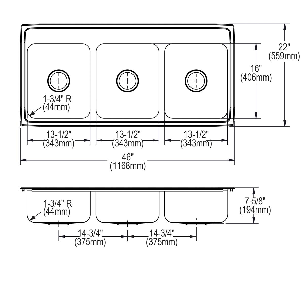 Triple bowl stainless steel drop-in sink with four faucet holes and rounded corners, shown in top and side views with dimensi