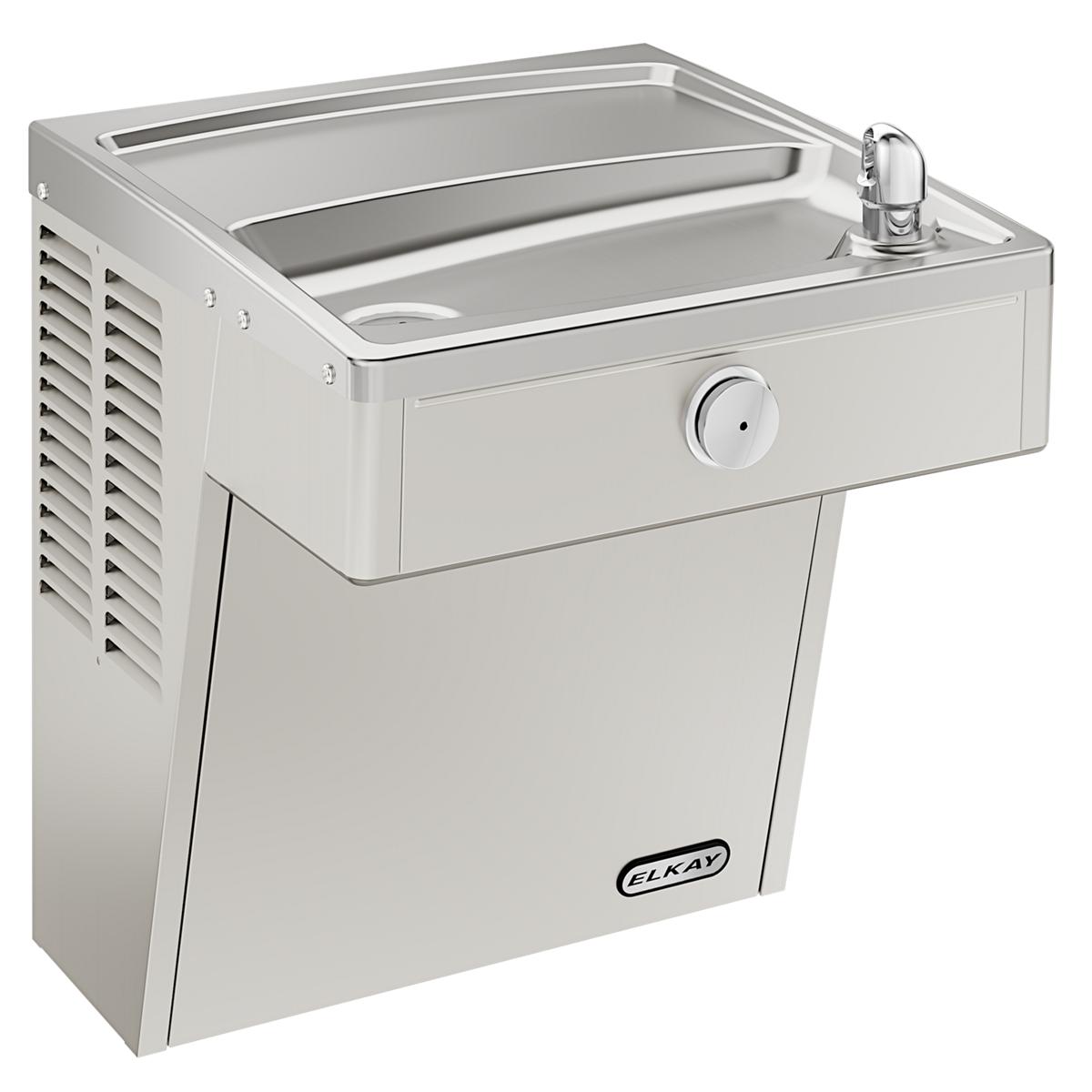 Stainless steel wall-mounted water cooler with dual basin, chrome drinking fountain spout, and ventilation louvers on left si