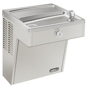 Stainless steel wall-mounted water cooler with dual basin, chrome drinking fountain spout, and ventilation louvers on left si
