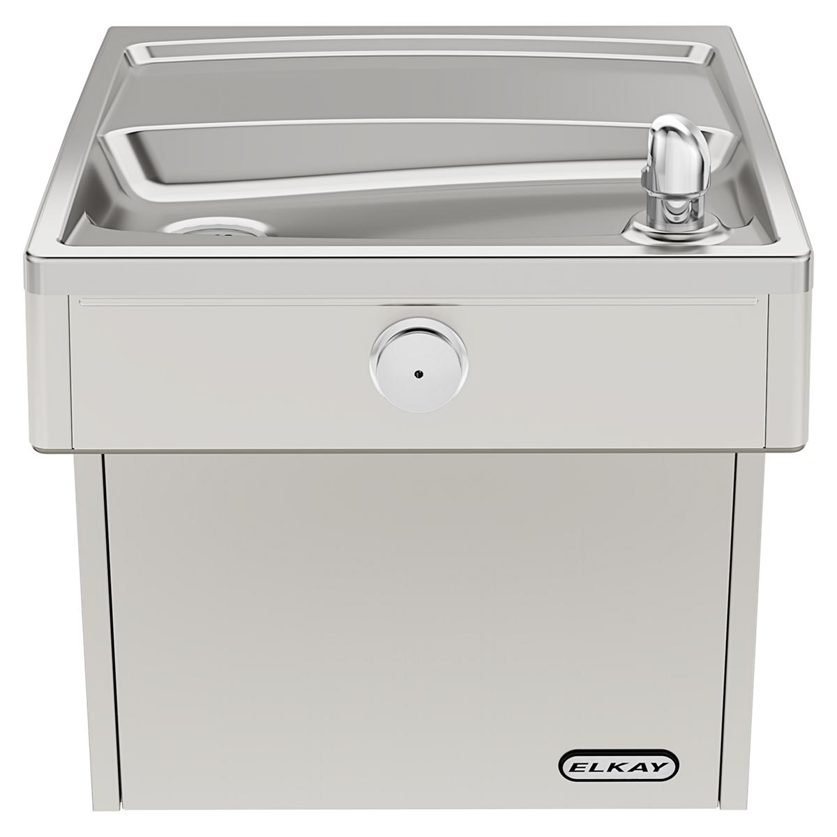 Stainless steel wall-mounted water cooler with drinking fountain, chrome faucet, and control button on front panel.