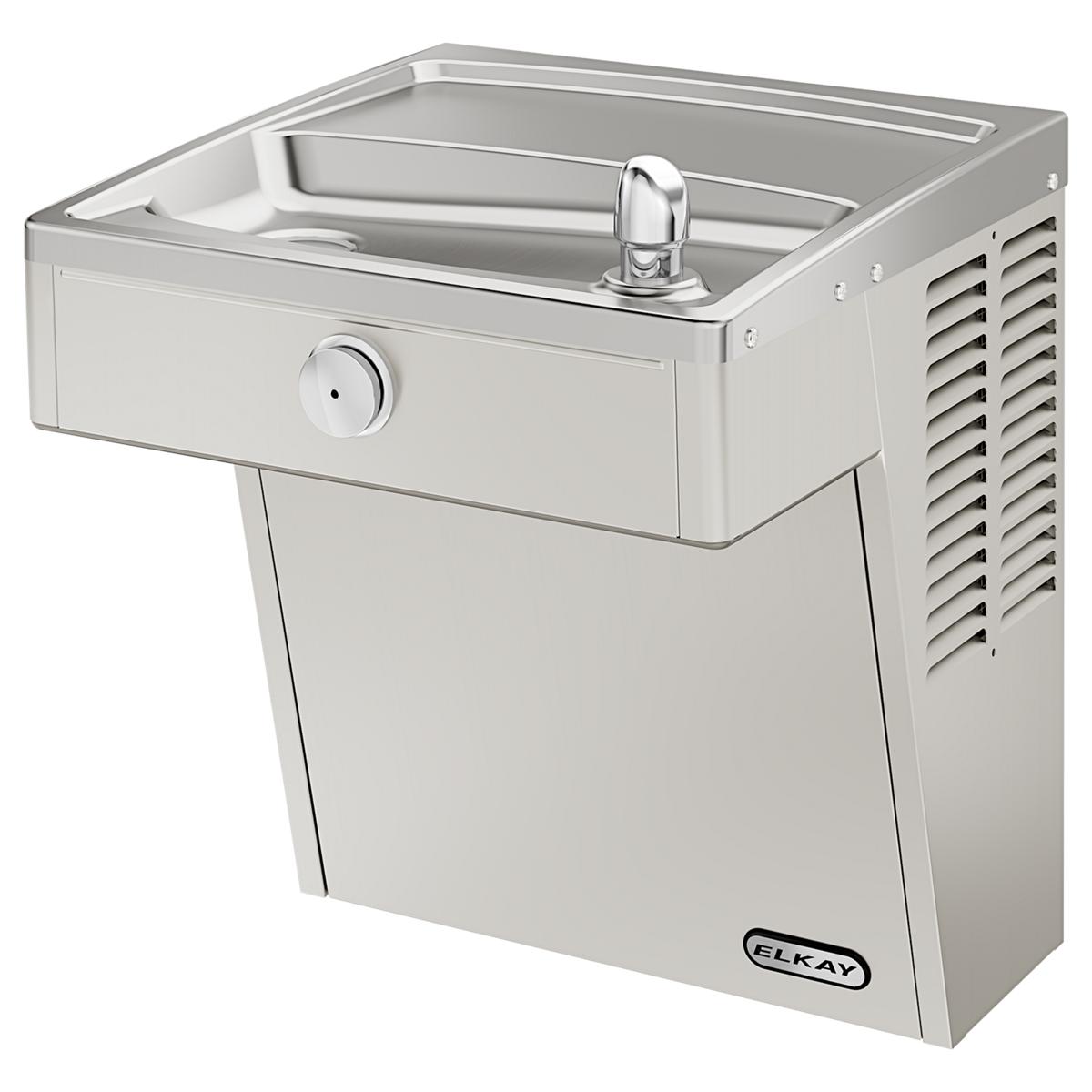 Stainless steel wall-mounted water cooler with single basin, chrome faucet, control dial, and ventilation grilles on right si