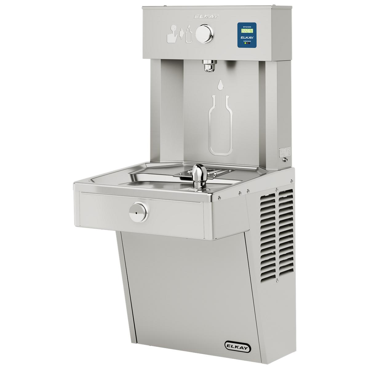 Stainless steel water fountain with bottle filling station on top, single cooler compartment below, and control panel with di