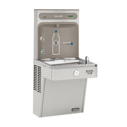 Stainless steel water cooler and bottle filling station with refrigerated basin and faucet.