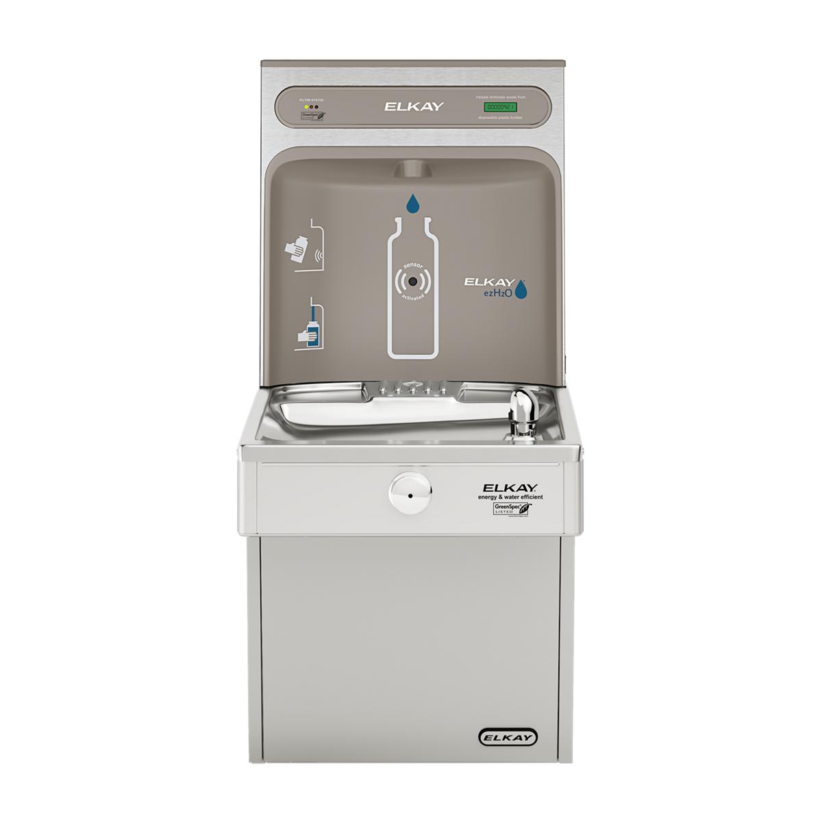 Stainless steel Elkay water cooler with bottle filling station and drinking fountain in front view.