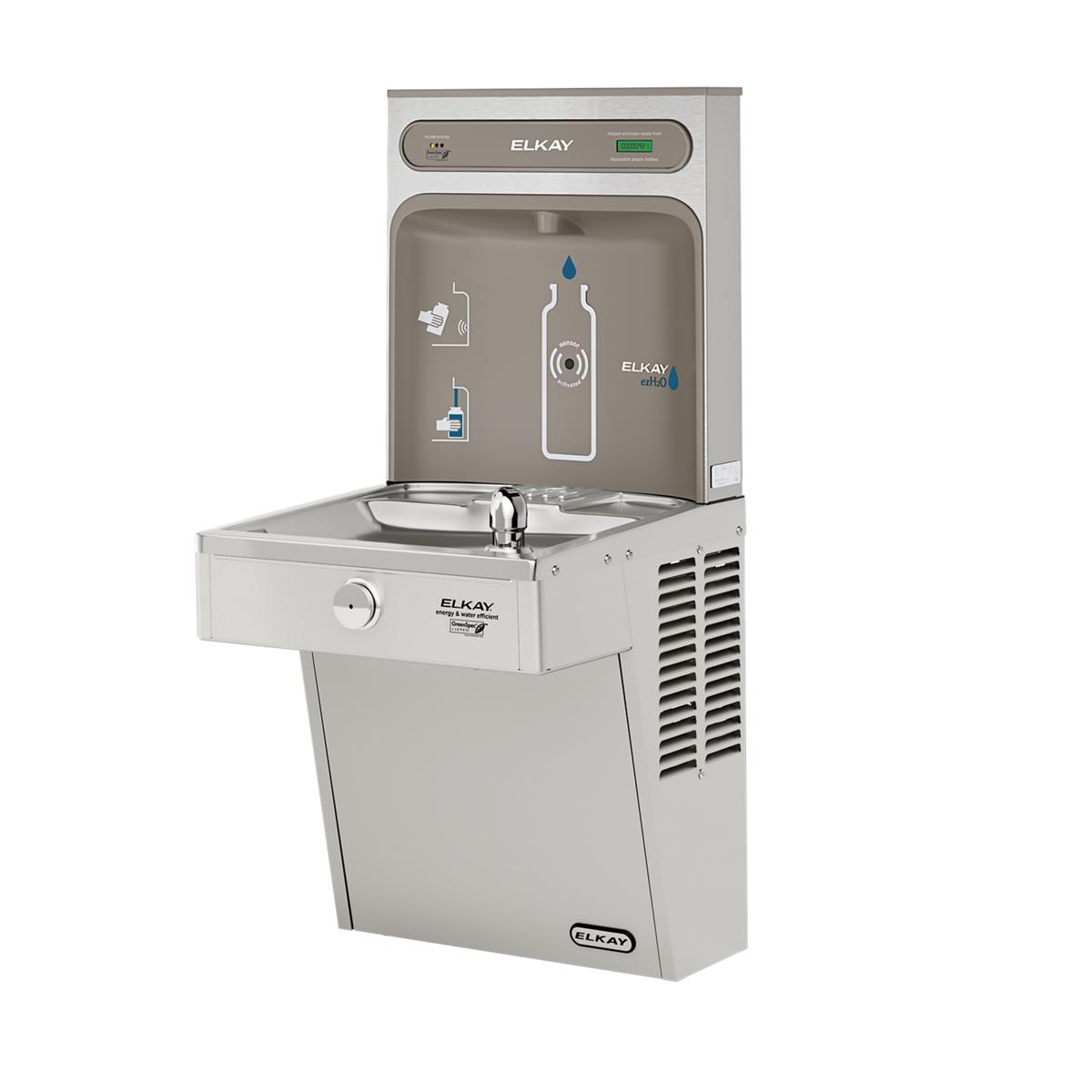 Stainless steel water cooler with bottle filling station mounted on top and single basin below.