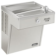 Elkay stainless steel wall-mounted water cooler with dual basin, refrigeration unit, and chrome drinking fountain spout.