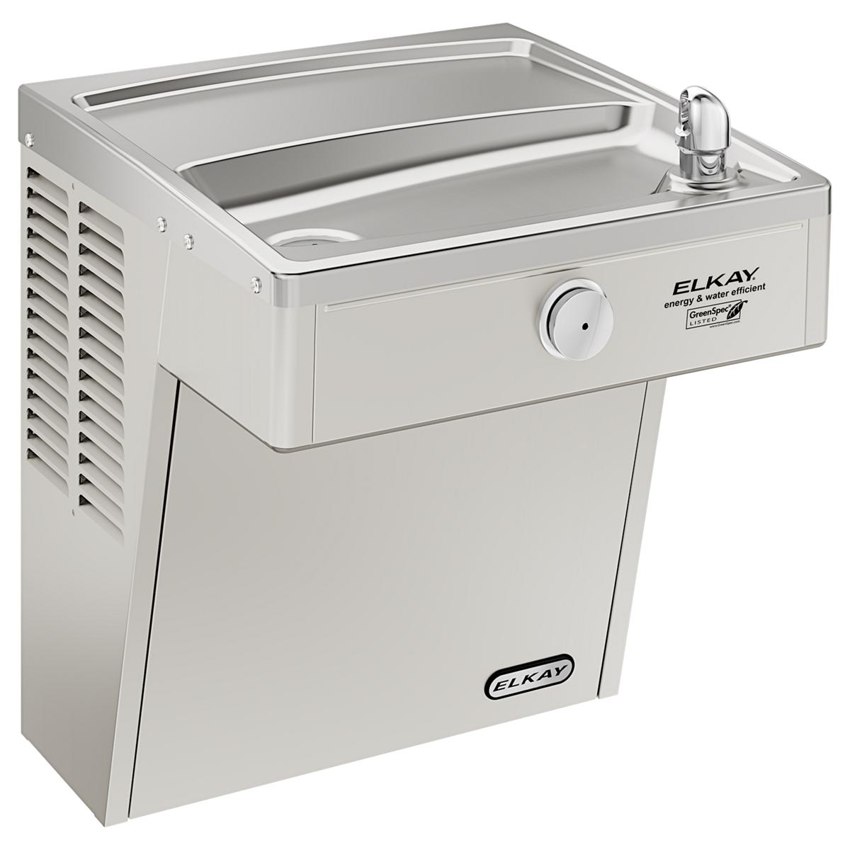 Elkay stainless steel wall-mounted water cooler with dual basin, refrigeration unit, and chrome drinking fountain spout.