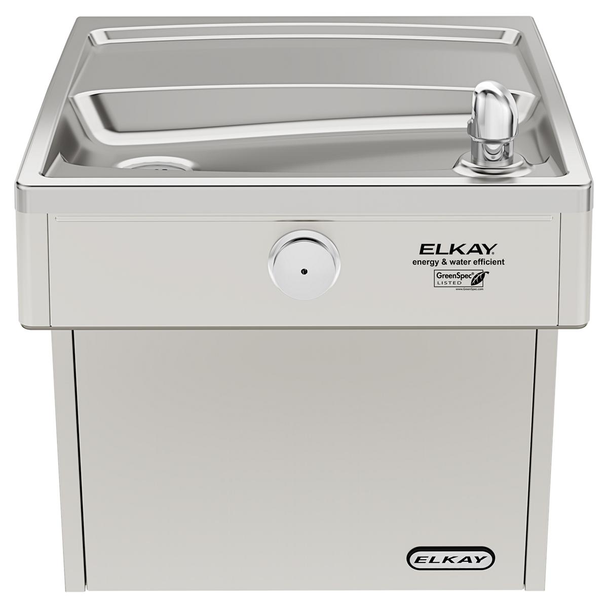 Stainless steel wall-mounted water cooler with single drinking fountain, chrome spout, and control knob on front panel.