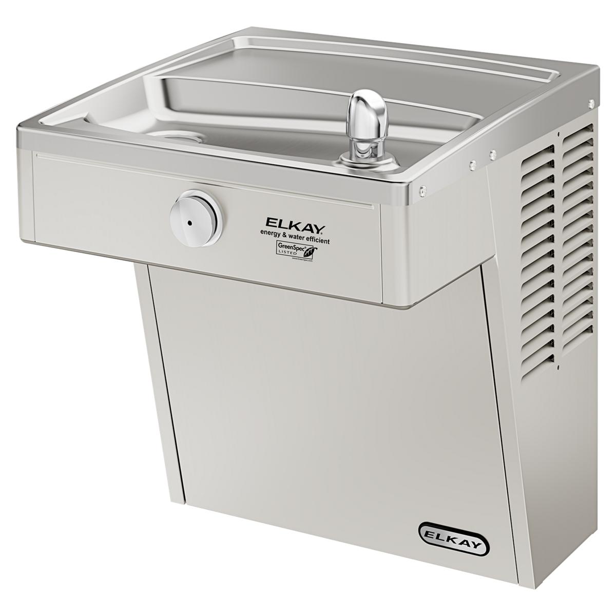 Stainless steel wall-mounted water cooler with chrome drinking fountain spout and temperature control dial on front panel.