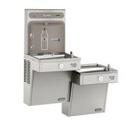 Elkay stainless steel bi-level water cooler with bottle filling station and dual drinking fountains.