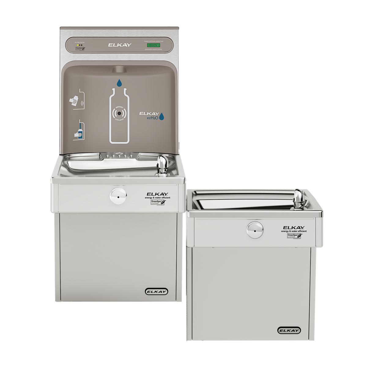Stainless steel Elkay water fountain with upper bottle filling station and lower drinking cooler basin, shown in two-unit con