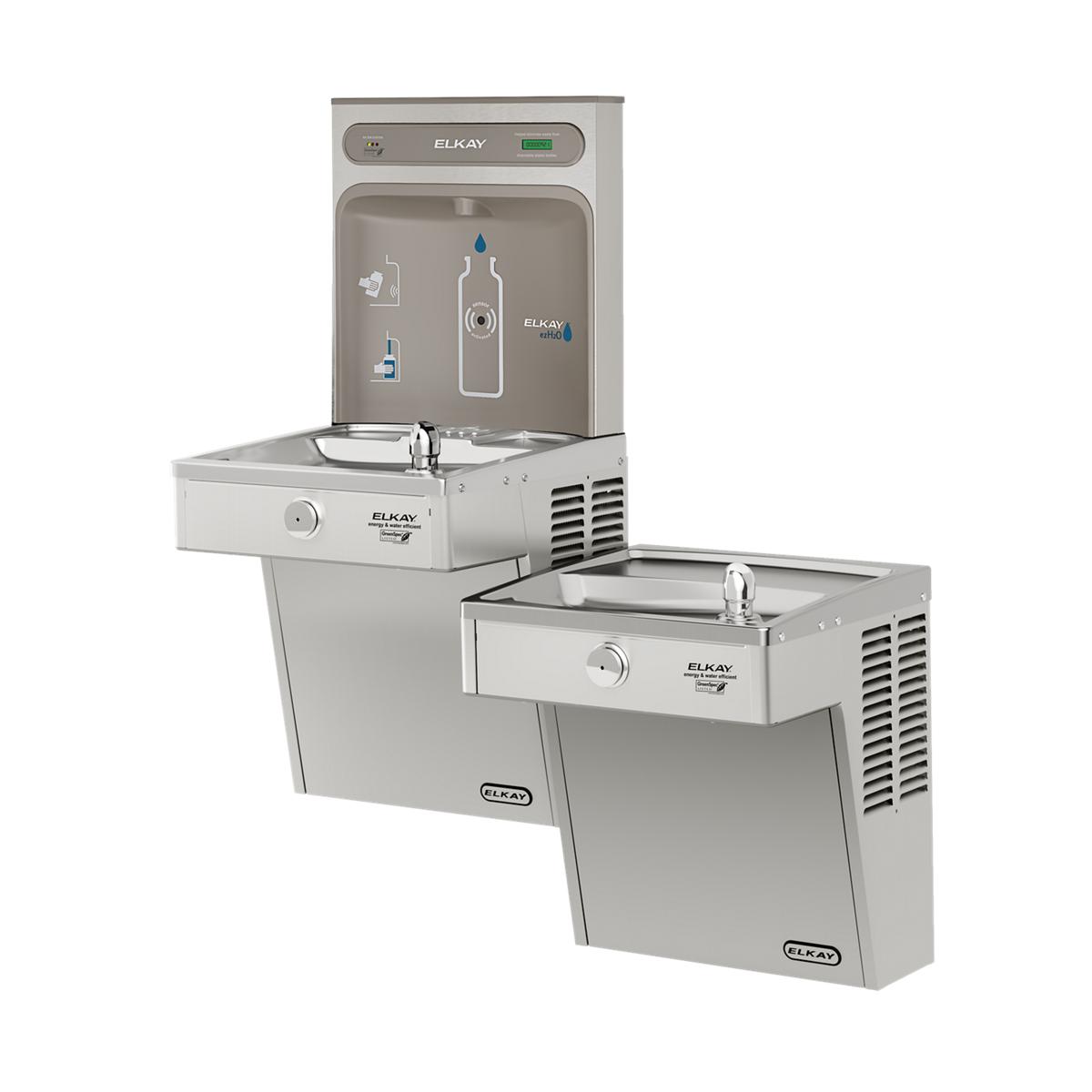 Stainless steel bi-level water cooler with bottle filling station on top level and drinking fountain on lower level.