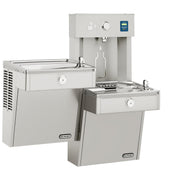 Stainless steel bi-level water cooler and bottle filling station with upper filter unit, lower drinking fountain, and refrige