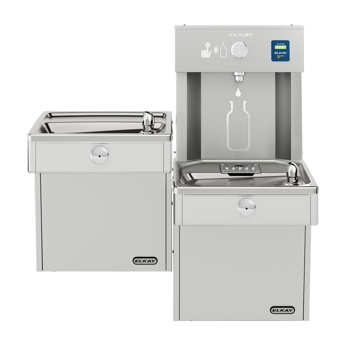 Stainless steel Elkay water cooler and bottle filling station with bi-level dispensers and control panel.
