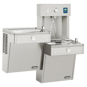 Stainless steel Elkay water station with upper bottle filler, lower cooler unit on left, and lower drinking fountain on right