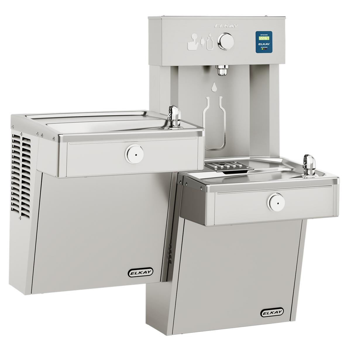 Stainless steel Elkay water station with upper bottle filler, lower cooler unit on left, and lower drinking fountain on right