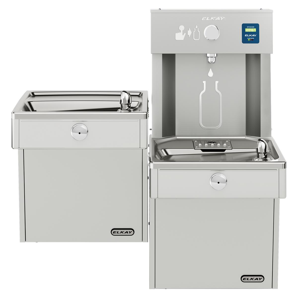 Stainless steel water filling station with two bi-level basins, upper bottle filler spout, and control panel.