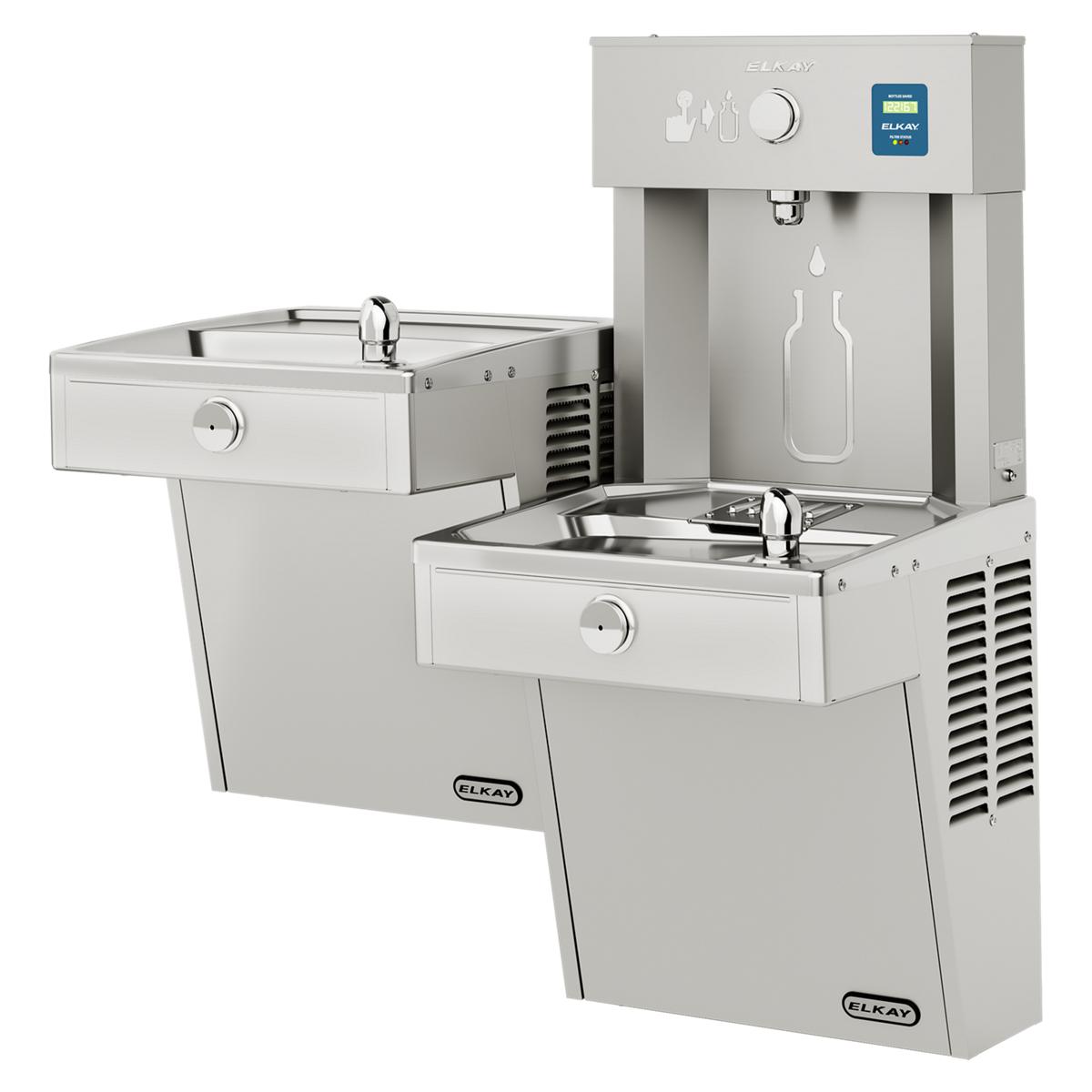 Stainless steel dual-level water station with upper bottle filling dispenser and lower drinking fountain basin.