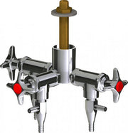 Chrome deck-mounted laboratory turret with central brass post, two side-mounted water valves with red handles, and outlet spo