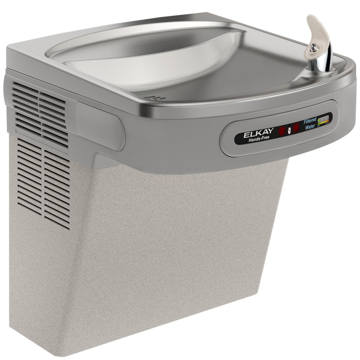 Light gray granite wall-mounted water cooler with curved basin, hands-free activation sensor, and chrome drinking fountain sp