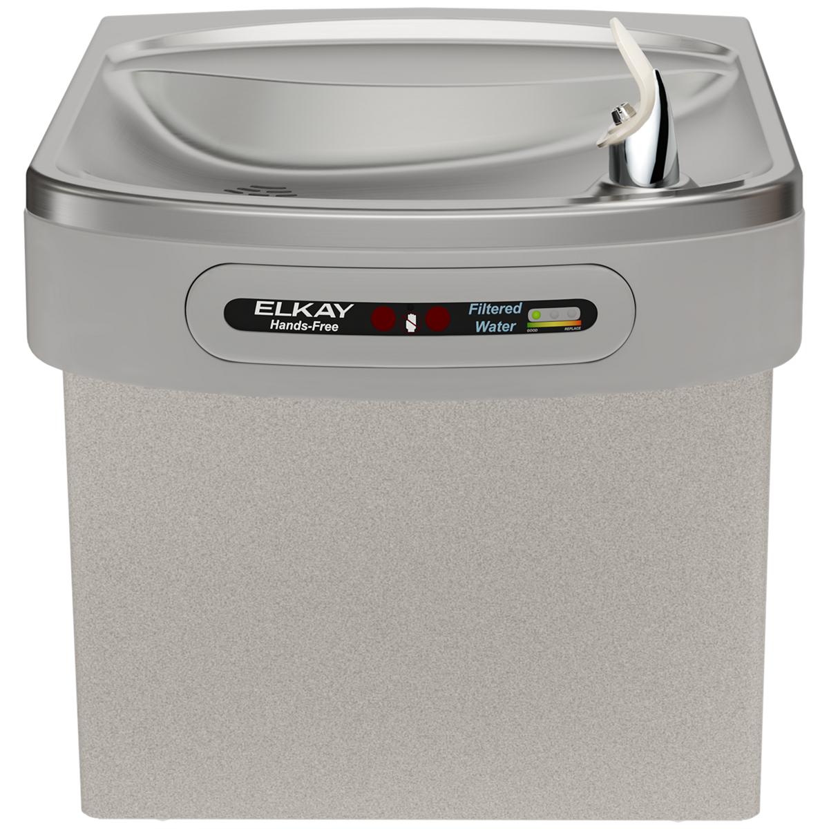 Light gray granite wall-mounted water cooler with curved drinking basin, chrome trim, and hands-free activation control panel