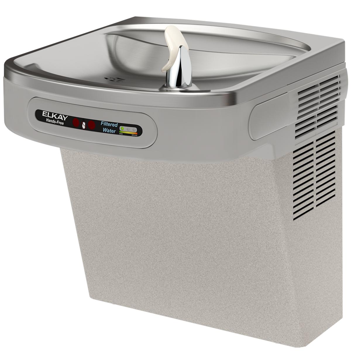 Light gray granite wall-mounted water cooler with stainless steel basin, white hands-free activation lever, and ventilation g
