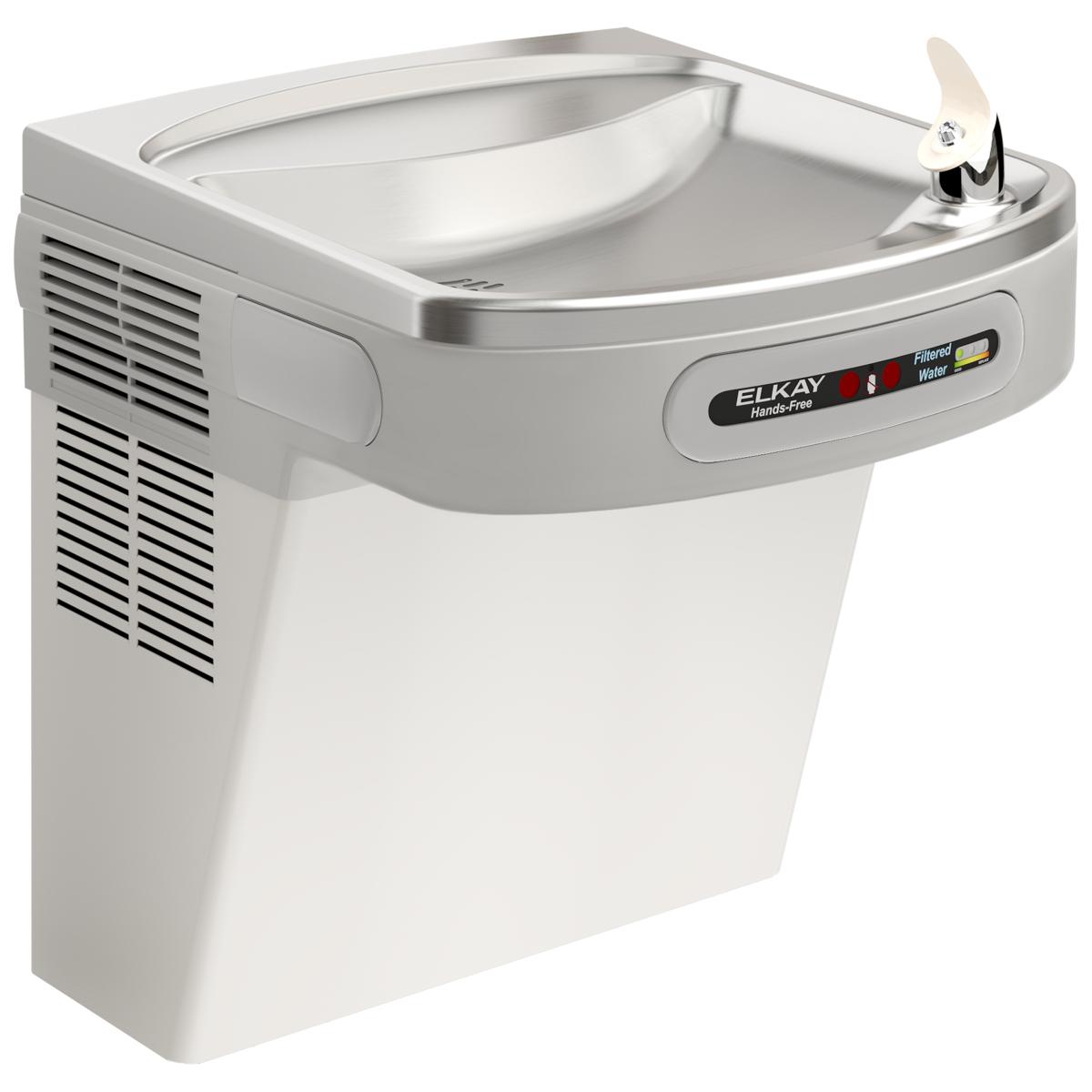 Stainless steel wall-mounted water cooler with curved basin, hands-free activation lever, and refrigeration unit on left side